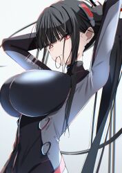 1girl absurdres adjusting_hair arms_up black_bodysuit black_hair blue_archive blunt_bangs blush bodysuit breasts bright_pupils closed_mouth commentary_request halo highres huge_breasts kazu_(kauk3753) long_hair looking_at_viewer mouth_hold multicolored_bodysuit official_alternate_costume official_alternate_hairstyle ponytail red_eyes rio_(blue_archive) rio_(bodysuit)_(blue_archive) simple_background solo tight_clothes upper_body very_long_hair white_background white_pupils