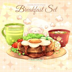 bear bowl chocomiruki cucumber cucumber_slice cup english_text food food_focus fried_egg grid_background hamburger_steak lettuce light_particles mug no_humans orange_background original plate soup sparkle tea tomato twitter_username zoom_layer