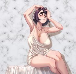1girl absurdres armpits arms_up bare_shoulders black_nails blush breasts breasts_apart brown_eyes collarbone commentary dilan_griz dress english_commentary eyebrow_piercing face_piercing highres labret_piercing large_breasts legs looking_to_the_side makeup mole mole_on_breast multiple_piercings nose_piercing one_eye_covered original parted_hair piercing purple_hair queen_(dilan_griz) runny_makeup short_hair sitting sleeveless sleeveless_dress solo white_background white_dress