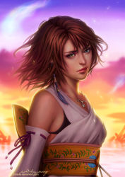 00s 1girl arms_at_sides black_bra blue_eyes bra brown_hair detached_sleeves earrings eyebrows eyelashes eyeshadow female_focus final_fantasy final_fantasy_x floating_hair green_eyes heterochromia japanese_clothes jewelry kimono lips lipstick lisa_buijteweg looking_at_viewer makeup mascara necklace obi pink_lips ribbon-trimmed_sleeves ribbon_trim sash short_hair signature sky sleeveless sleeveless_kimono solo tassel underwear upper_body watermark web_address yuna yuna_(ff10)