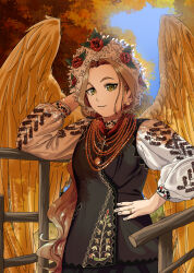 1girl angel_wings autumn blonde_hair blue_sky bridge cross cross_necklace dappled_sunlight dress earrings embroidered_dress embroidery feathered_wings fingernails floral_print floral_print_dress floral_print_shirt floral_print_sleeves flower flower_wreath gold_embroidery green_eyes hair_ornament hand_on_own_hip head_wreath highres holding_head_wreath jewelry kaiba47 long_hair looking_at_viewer necklace open_mouth original outdoors print_dress red_flower red_rose ring rose shirt sky slavic_clothes sleeve_cuffs smile sunlight traditional_dress ukraine ukrainian_clothes vinok vyshyvanka wide_sleeves wings wreath yellow_wings