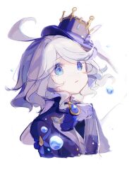 Rule 34 | 1girl, ascot, blue ascot, blue eyes, blue hat, blue jacket, bubble, drop-shaped pupils, furina (genshin impact), genshin impact, hat, highres, jacket, looking afar, messy hair, mina (sio0616), parted lips, short hair, simple background, solo, sparkle, symbol-shaped pupils, teardrop, traditional media, upper body, watercolor pencil (medium), white background, white hair