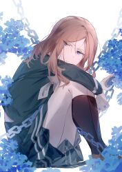 1girl bang_dream! bang_dream!_it&#039;s_mygo!!!!! black_socks blue_eyes blue_shirt blue_skirt brown_footwear brown_hair chain closed_mouth commentary dkl_(dinosaurkl2) highres holding holding_petal kneehighs long_hair long_sleeves nagasaki_soyo petals pleated_skirt school_uniform shirt sidelocks skirt socks solo tsukinomori_school_uniform