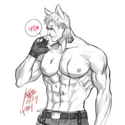 1boy abs animal_ears bara belt blood_on_pectorals bryan_fury cowboy_shot frown greyscale kemonomimi_mode korean_text large_pectorals looking_ahead male_focus mature_male monochrome muscular muscular_male navel nipples pectorals short_hair sideburns solo spot_color tekken topless_male translation_request wrinkled_skin yi_lee
