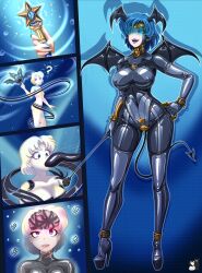 absurdres bat_wings bishoujo_senshi_sailor_moon black_bodysuit black_sclera blue_eyes blue_hair bodysuit breasts circlet colored_sclera corruption dark_persona demon_girl fangs gold head_wings high_heels highres holding holding_whip looking_at_viewer medium_breasts mind_control mizuno_ami platform_heels rosvo short_hair slit_pupils smile transformation wings