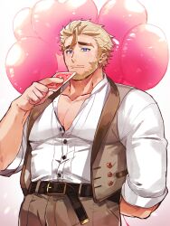 1boy absurdres arm_behind_back balloon bara beard blue_eyes brown_hair brown_pants card collarbone facial_hair hagiography highres holding holding_balloon holding_behind_back holding_card live_a_hero male_focus mustache_stubble pants pectoral_cleavage pectorals playing_card roudin shirt solo stubble white_shirt
