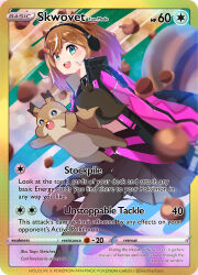1girl acorn animal_ears ayunda_risu ayunda_risu_(cyberpunk) black_pantyhose black_shirt black_skirt blue_eyes brown_hair crop_top english_text gen_8_pokemon headphones highres hololive hololive_indonesia jacket midriff multicolored_jacket nintendo open_mouth pantyhose pink_jacket pleated_skirt pokemon pokemon_(creature) pokemon_tcg shirt skirt skwovet squirrel_ears squirrel_girl squirrel_tail tail taiyo_sketches thigh_strap trading_card two-tone_jacket virtual_youtuber