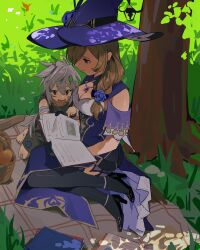 1boy 1girl absurdres black_pantyhose black_shoes book breasts cleavage dress genshin_impact grass grey_hair hat highres lisa_(genshin_impact) medium_breasts open_book open_mouth pantyhose purple_dress purple_hat razor_(genshin_impact) shoes short_hair sitting smile speakallpesky tree witch witch_hat