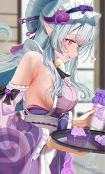1girl armpit_crease bell black_bow blue_hair blush bow breasts commentary_request dango dango_milk_(genshin_impact) detached_sleeves food frilled_hairband frilled_sleeves frills from_side genshin_impact hairband heart highres holding holding_tray japanese_clothes kabu_usagi kimono large_breasts long_hair nail_polish neck_bell nihongami open_mouth pink_kimono pointy_ears purple_eyes sideboob signature sleeve_bow sleeveless sleeveless_kimono smile solo tray twitter_username wagashi yumemizuki_mizuki