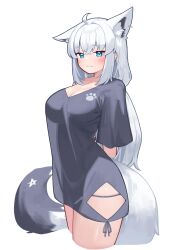 1girl :3 absurdres ahoge animal_ear_fluff animal_ear_piercing animal_ears aqua_eyes arms_behind_back black_shirt blush breasts cleavage closed_mouth commentary_request deaver extra_ears fox_ears fox_girl fox_tail highres hololive large_breasts long_hair official_alternate_costume paw_print see-through_silhouette shirakami_fubuki shirakami_fubuki_(loungewear) shirt short_sleeves single_ear_down smile solo tail thighs virtual_youtuber white_hair