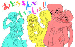 1girl 5boys age_regression aged_down blush double_bun family gakuran giorno_giovanna hair_bun happy higashikata_josuke jojo jojo_no_kimyou_na_bouken jonathan_joestar joseph_joestar joseph_joestar_(young) kuujou_jolyne kuujou_joutarou multiple_boys open_mouth pompadour school_uniform simple_background smile takemoto vento_aureo white_background