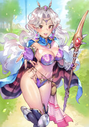 Rule 34 | 1girl, armor, bikini armor, blue cape, boots, breasts, cape, character request, circlet, copyright request, earrings, fingerless gloves, fingernails, gloves, grass, grey hair, highres, holding, holding staff, jewelry, knee pads, long fingernails, long hair, looking at viewer, matsuda (matsukichi), medium breasts, navel, pointy ears, purple gloves, reaching, reaching towards viewer, red eyes, revealing clothes, signature, solo, staff, standing, standing on one leg, teeth, thigh boots, tree, upper teeth only, very long hair