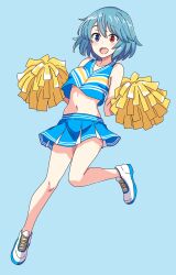 1girl absurdres alternate_costume blue_background blue_eyes blue_hair blue_skirt blue_tank_top breasts cheerleader commentary english_commentary full_body heterochromia highres holding holding_pom_poms looking_at_viewer midriff multicolored_shirt navel open_mouth pioartstuff pom_pom_(cheerleading) pom_poms red_eyes shirt shoes simple_background skirt sleeveless sleeveless_shirt smile sneakers solo tank_top tatara_kogasa touhou white_shoes white_tank_top yellow_tank_top