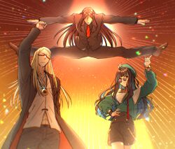 1girl 2boys beret black_hair black_shorts blonde_hair blue_hair colored_inner_hair fate/grand_order fate_(series) hat jewelry long_hair lord_el-melloi_ii masaki_(star8moon) multicolored_hair multiple_boys necktie pendant pointing pointing_up raised_fist red_necktie shorts smile split sunglasses tenochtitlan_(fate) tenochtitlan_(second_ascension)_(fate) tezcatlipoca_(fate) twitter_username waver_velvet