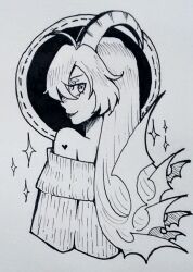 Rule 34 | 1girl, bare shoulders, closed mouth, cropped torso, demon girl, demon horns, funamusea, gallaxi, greyscale, hair wings, highres, horns, lil (funamusea), long hair, looking to the side, monochrome, off-shoulder sweater, off shoulder, outline, smile, solo, sparkle, sweater, traditional media, wings