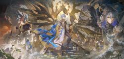 1boy antenna_hair armor artist_name asymmetrical_wings black_choker black_cloak black_pants black_shirt blood bloody_tears blue_cape blue_eyes cape choker chrysos_heirs_(honkai:_star_rail) cloak closed_eyes coat commentary crack cracked_glass dark_persona dual_persona flame_reaver_of_the_deepest_dark floating_cape highres holding holding_sword holding_weapon honkai:_star_rail honkai_(series) hood hooded_cloak looking_at_mirror looking_at_viewer male_focus ming_zhentan_allk mirror multiple_views on_one_knee pants pauldrons phainon_(honkai:_star_rail) profile reflection ripples shirt short_hair shoulder_armor side_cape single_pauldron solo sword weapon white_coat white_hair wings yellow_blood