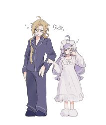 Rule 34 | 1boy, 1girl, blonde hair, blush, closed mouth, hairband, highres, hugo vlad, long hair, nightgown, pajamas, ponkotudes, ponytail, purple hair, sleepwear, sleepy, vivian banshee, white background, white hairband, white nightgown, zenless zone zero
