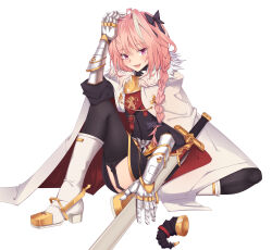1boy absurdres armor astolfo_(fate) black_bow black_thighhighs bow braid cape coat crossdressing elbow_on_knee emblem fate/apocrypha fate/grand_order fate_(series) fur-trimmed_coat fur_trim hair_bow hair_intakes hand_in_own_hair highres holding holding_sword holding_weapon multicolored_hair multiple_hair_bows pink_hair qwer1234777 single_braid streaked_hair sword thighhighs trap weapon zettai_ryouiki