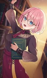1girl black_shirt blue_eyes blush book bookshelf breasts chameleon_(chameleon0613) glasses head_wings highres holding hololive holox large_breasts long_sleeves looking_at_viewer neck_ribbon open_mouth pink_hair red_ribbon red_skirt ribbon shirt short_hair skirt smile solo standing takane_lui takane_lui_(casual) virtual_youtuber wings