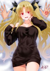 1girl black_bow black_dress blonde_hair blush both_hands bow breasts chaldea_logo command_spell dress engo_(aquawatery) ereshkigal_(fate) fate/grand_order fate_(series) hair_ribbon highres long_hair looking_at_viewer parted_bangs red_eyes ribbon tiara very_long_hair
