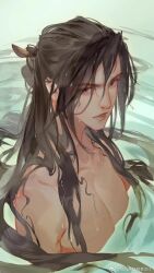 1boy bare_pectorals brown_eyes brown_hair chinese_commentary hair_ornament hair_stick highres long_hair looking_at_viewer male_focus nude parted_lips partially_submerged pectorals qiang_jin_jiu shen_zechuan solo taifeng_jun_yijing_qi_zhi_le upper_body water wet wet_hair