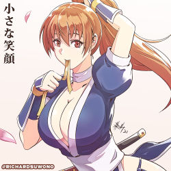 1girl arm_guards artist_name breasts brown_eyes brown_hair choker cleavage commentary dead_or_alive dead_or_alive_2 high_ponytail holding japanese_clothes kasumi_(doa) kodachi large_breasts long_hair looking_at_viewer mouth_hold ninja petals ponytail puffy_short_sleeves puffy_sleeves richard_suwono short_sleeves short_sword signature simple_background smile sword upper_body weapon