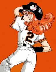 1girl alena_(dq4) ball baseball_(object) baseball_uniform dragon_quest dragon_quest_iv gloves highres long_hair looking_at_viewer looking_back okita_(sukult_4) orange_background orange_hair red_eyes sideways_glance solo sportswear