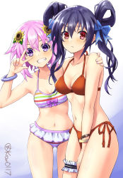 2girls absurdres artist_name bangle bare_arms bare_legs bare_shoulders belly bikini bikini_skirt black_hair blue_background bracelet breasts choujigen_game_neptune choujigen_game_neptune_the_animation cleavage collarbone commentary_request compile_heart cowboy_shot dot_nose facing_viewer female_focus flower friends frilled_bikini frills frown gluteal_fold gradient_background grin hair_flower hair_ornament hair_rings hairclip halterneck hand_on_another&#039;s_shoulder highres idea_factory jewelry kow_(kow0117) legs legs_apart long_hair looking_at_viewer medium_breasts midriff multiple_girls nail_polish navel neck neptune_(neptunia) neptune_(series) nervous noire_(neptunia) orange_bikini purple_eyes purple_hair purple_nails red_bikini red_eyes ribbon short_hair side-tie_bikini_bottom skirt small_breasts smile standing striped_bikini striped_clothes sunflower swimsuit tareme teeth thighlet thighs twin_loops twinloops twintails twitter_username unsure v white_background