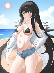 Rule 34 | 1girl, ;), absurdres, arknights, beach, bikini, black bikini, black eyes, black hair, blue shorts, blush, breasts, collarbone, commentary, cowboy shot, day, denim, denim shorts, detached wings, fingernails, groin, hand on own hip, highres, lens flare, long hair, looking at viewer, medium breasts, melang (mongsil3000), mole, mole under eye, navel, ocean, one eye closed, open fly, outdoors, short shorts, shorts, sidelocks, smile, solo, standing, sun, swimsuit, very long hair, virtuosa (arknights), water, wings