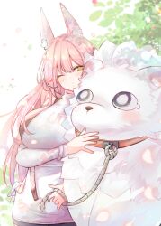 1girl animal animal_ear_fluff animal_ears bare_shoulders bike_shorts black_shorts black_sports_bra breasts detached_sleeves goddess_of_victory:_nikke hair_intakes heart large_breasts leona_(nikke) lion long_hair noharu one_eye_closed pink_hair rope shirt shorts sideboob sidelocks sports_bra tail timi_(nikke) turtleneck turtleneck_shirt white_shirt yellow_eyes