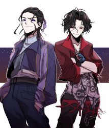 Rule 34 | bakuage sentai boonboomger, black hair, boonboom changer, closed mouth, gamwang, hando taiya, highres, homura sakito, jacket, long hair, long sleeves, male focus, multiple boys, purple eyes, purple jacket, red eyes, shirt, short hair, smile, super sentai, white background