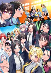 1boy 6+girls absurdres aoyama_kyouko baseball_cap beach bikini black_hair black_jacket black_necktie black_shorts blazer blonde_hair blue_bikini blue_eyes blue_shirt breasts character_request cleavage collarbone fang gradient_hair grey_hoodie grin gym gym_uniform hair_ornament hairclip hashtag-only_commentary hat highres hongou_miyuki hongou_yayoi_(sawaranaide_kotesashi-kun) hood hoodie jacket kitahara_aoba knee_pads kusunoki_aroma large_breasts long_hair looking_at_viewer medium_hair multicolored_hair multiple_girls necktie official_art open_clothes open_jacket open_mouth orange_eyes pink_hair pleated_skirt purple_eyes red_hair sawaranaide_kotesashi-kun sayamagaoka_chiyo school_uniform shinjou_takuya shirt shorts sideways_glance skin_fang skirt smile sonoda_mayumi striped_necktie sumiyoshi_izumi sunglasses swimsuit two-tone_hair unzipped volleyball white_hair white_shirt wispy_bangs yellow_skirt