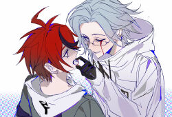 2boys absurdres ahoge aotsuki_eito binxngchng1 black_gloves black_streaks blood bloody_tears blue_eyes blue_jacket chinese_commentary drawstring eye_contact feeding glasses gloves gouged_eye grey_hair grey_jacket highres holding holding_eyeball hood hoodie jacket looking_at_another male_focus multicolored_hair multicolored_jacket multiple_boys open_mouth parted_lips purple_eyes red_hair short_hair simple_background sketch smile spoilers streaked_hair sumino_takumi the_hundred_line_-last_defense_academy- two-tone_jacket white_hoodie white_jacket