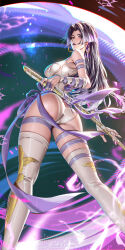 1girl arm_strap ass bare_shoulders black_hair breasts commentary earrings english_commentary feet_out_of_frame from_behind grey_eyes highres jewelry large_breasts leotard liang_xing long_hair looking_at_viewer looking_back marvel marvel_rivals parted_lips psylocke solo standing thigh_strap thighhighs thighs weapon white_leotard white_thighhighs x-men