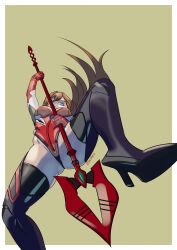 1girl adapted_costume alternate_costume artist_request ass_press between_buttocks brown_hair foreshortening from_below highleg highleg_leotard highres holding holding_weapon impossible_clothes impossible_leotard lance_of_cassius leotard looking_at_viewer neon_genesis_evangelion official_alternate_costume open_mouth polearm rebuild_of_evangelion revealing_clothes shiny_clothes signature skindentation smile souryuu_asuka_langley standing thong_leotard weapon wide_hips