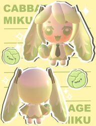 1girl 3d absurdres adapted_costume alternate_eye_color alternate_hair_color alternate_hairstyle cabbage chibi chibi_only commentary detached_sleeves eyelashes green_eyes green_hair hatsune_miku highres lavy_(lavnko) long_hair looking_at_viewer necktie open_mouth plant_hair shirt smile twintails very_long_hair vocaloid