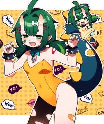 1girl :d absurdres ahoge bandaid bandaid_on_cheek bandaid_on_face bandaid_on_thigh bare_shoulders black_pantyhose blush breasts chibi chio_chompi claw_pose commentary_request commission covered_navel cowboy_shot green_eyes green_hair green_nails hair_ornament hairclip hands_up highres horns leotard letterboxed looking_at_viewer medium_hair multiple_views nail_polish open_mouth outside_border pantyhose parted_bangs pixellink polka_dot polka_dot_background sharp_teeth single_leg_pantyhose skeb_commission skin-covered_horns small_breasts smile teeth torn_clothes torn_pantyhose upper_teeth_only virtual_youtuber x_hair_ornament yellow_background yellow_leotard you_(noanoamoemoe)