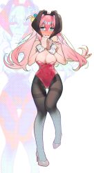1girl @_@ absurdres animal_ears bare_shoulders black_pantyhose blue_eyes blush bocchi_the_rock! breasts cleavage collar collarbone covered_navel crossed_bangs cube_hair_ornament detached_collar ears_down fake_animal_ears flying_sweatdrops full_body gotoh_hitori hair_between_eyes hair_ornament hands_on_own_chest hands_up high_heels highleg highleg_leotard highres large_breasts leotard long_hair looking_to_the_side nose_blush one_side_up open_mouth own_hands_together pantyhose pink_hair pink_leotard pink_shoes playboy_bunny polka_dot polka_dot_background rabbit_ears shoes sofa_(enogunomu) solo standing standing_on_one_leg sweat thigh_gap thighs wavy_mouth white_background white_collar white_wrist_cuffs wrist_cuffs zoom_layer
