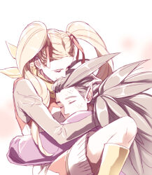 Rule 34 | 1boy, 1girl, blonde hair, boots, breasts, brown hair, closed eyes, commentary request, couple, covering own mouth, dragon quest, dragon quest builders 2, dress, earrings, female builder (dqb2), fringe trim, grey shirt, hair horns, hair pulled back, hair ribbon, hand on another&#039;s head, head on another&#039;s chest, hetero, hoop earrings, hug, jewelry, kissing hair, low ponytail, monster boy, neckerchief, pointy ears, ponytail, purple shirt, red dress, red ribbon, ribbon, scales, shirt, shirt under dress, sidoh (dqb2), silver earrings, simple background, small breasts, spiked hair, twintails, two-tone dress, tzgn, white dress, yellow boots, yellow neckerchief