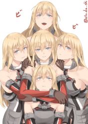 Rule 34 | 5girls, absurdres, anchor choker, atodashi, bismarck (kancolle), blonde hair, blue eyes, blush, breasts, detached sleeves, hair between eyes, highres, hug, kantai collection, large breasts, long hair, looking at viewer, military uniform, multiple girls, multiple persona, simple background, upper body, very long hair, white background