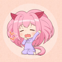 Rule 34 | 1girl, animal ears, arm up, barefoot, big hair, chibi, closed eyes, commentary request, ear covers, full body, hair down, haru urara (umamusume), highres, horse ears, horse girl, horse tail, long hair, long sleeves, open mouth, pajamas, pink hair, samisen, sitting, solo, tail, tearing up, umamusume, wariza, yawning