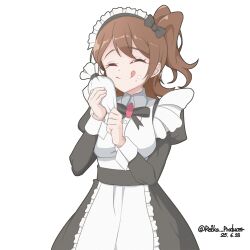 1girl absurdres apron birthday black_dress brown_hair closed_eyes closed_mouth dated dress highres holding holding_pastry_bag idolmaster idolmaster_million_live! juliet_sleeves kasuga_mirai long_sleeves maid maid_apron maid_headdress medium_hair nillis one_side_up pastry_bag puffy_sleeves red_brooch simple_background smile solo standing tongue tongue_out twitter_username white_apron white_background