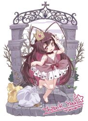 1girl antenna_hair arm_up bandaged_arm bandages bandaid bandaid_on_cheek bandaid_on_face barefoot belt belt_collar black_nails bow brown_dress brown_hair bruise_on_leg collar colored_inner_hair commentary_request commission crown dress dress_bow flat_chest full_body gauze_on_arm hair_flaps highres long_hair looking_at_viewer mole mole_under_mouth multicolored_hair nail_polish open_mouth original pink_eyes pink_hair red_belt red_bow ringed_eyes skeb_commission skirt_hold sleeveless sleeveless_dress smile solo standing standing_on_one_leg thank_you toenail_polish toenails toromi_(toromix2) trash_bag two-tone_hair v very_long_hair