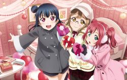 3girls aqua_eyes artbook bed black_gloves black_pantyhose blue_hair blush bow box brown_hair coat earmuffs food fur_trim gift gift_box glasses gloves hair_bun hat heart heart-shaped_box highres holding indoors kunikida_hanamaru kurosawa_ruby long_hair looking_at_viewer love_live! love_live!_sunshine!! multiple_girls non-web_source official_art open_mouth pantyhose red_eyes red_hair single_hair_bun single_side_bun smile tsushima_yoshiko two_side_up valentine yellow_eyes