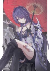 Rule 34 | 1girl, absurdres, acheron (honkai: star rail), armor, black choker, black gloves, breasts, choker, feet out of frame, gloves, grin, hair ornament, halterneck, hanabi (hanabi 0333), highres, holding, holding umbrella, honkai: star rail, honkai (series), leg tattoo, long hair, looking at viewer, midriff, oil-paper umbrella, parted lips, purple eyes, purple hair, red umbrella, shoulder armor, single bare shoulder, sitting, small breasts, smile, solo, tattoo, thighs, umbrella, very long hair