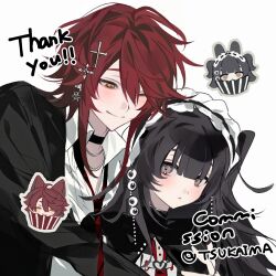 1boy 1girl black_choker black_hair blush brown_eyes chibi chibi_inset choker collared_shirt commission cross earrings english_text hair_ornament hairband hug jacket jewelry long_hair long_sleeves maid_headdress minirai0707 necktie one_eye_closed original red_hair red_necktie shirt short_hair simple_background smile two_side_up upper_body watermark white_background white_shirt yellow_eyes
