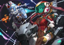 1girl beam_rifle bodysuit breasts cockpit commentary_request covered_navel energy_gun eyepatch gun gundam helmet hololive houshou_marine large_breasts long_hair mecha mechanization ninnin_(shishitou) open_mouth pekodam pilot_suit red_hair robot shield sitting solo space twintails twitter_username virtual_youtuber weapon
