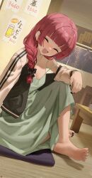 1girl absurdres barefoot black_nails blush bocchi_the_rock! breasts closed_eyes commentary_request cushion dress facing_viewer feet fingernails green_dress highres hiroi_kikuri indoors jacket knee_up letterman_jacket long_hair nail_polish nose_blush open_clothes open_jacket open_mouth pink_hair sitting small_breasts smile soles solo songchuan_li strap_slip toenail_polish toenails toes zabuton