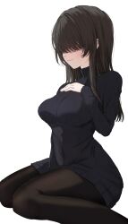 1girl absurdres arm_between_legs black_hair black_sweater_vest blush breasts brown_pantyhose commentary_request covered_eyes faceless faceless_female hair_over_eyes hand_on_own_chest highres kakure_meme kimi_no_koto_ga_dai_dai_dai_dai_daisuki_na_100-nin_no_kanojo large_breasts long_hair long_sleeves no_pants pantyhose ribbed_sweater simple_background sitting solo straight_hair sweater sweater_vest tada_mani wariza white_background
