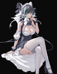 Rule 34 | 1girl, absurdres, animal ears, apron, aqua eyes, aqua hair, azur lane, bare shoulders, bell, black apron, black background, black hair, black shoes, breasts, cat ears, cheshire (azur lane), chinese commentary, cleavage, closed mouth, collar, commentary request, crossed legs, detached collar, detached sleeves, dress, frilled dress, frills, full body, hair bell, hair ornament, high heels, highres, kulu (ku-lu), large breasts, legs, light smile, long dress, long hair, maid, maid headdress, multicolored hair, puffy detached sleeves, puffy sleeves, ribbon, shoes, simple background, sketch, sleeveless, sleeveless dress, solo, streaked hair, thighhighs, thighs, two-tone hair, unfinished, white collar, white dress, white ribbon, white sleeves, white thighhighs